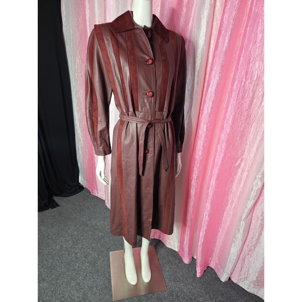 Y2K Exquisite Brick Red Soft Leather Suede Retro Trench Coat Size Medium 8 - Picture 16 of 16